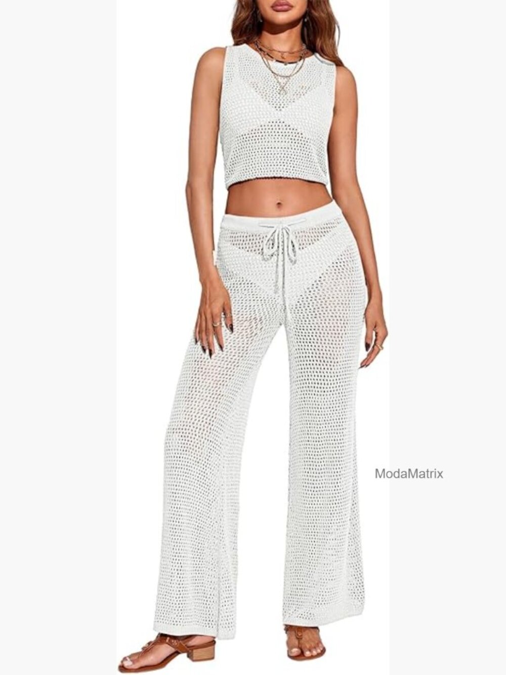 Crochet 2 Piece Swimsuit Cover Up Crop Top & Drawstring Long Pants Set Beach